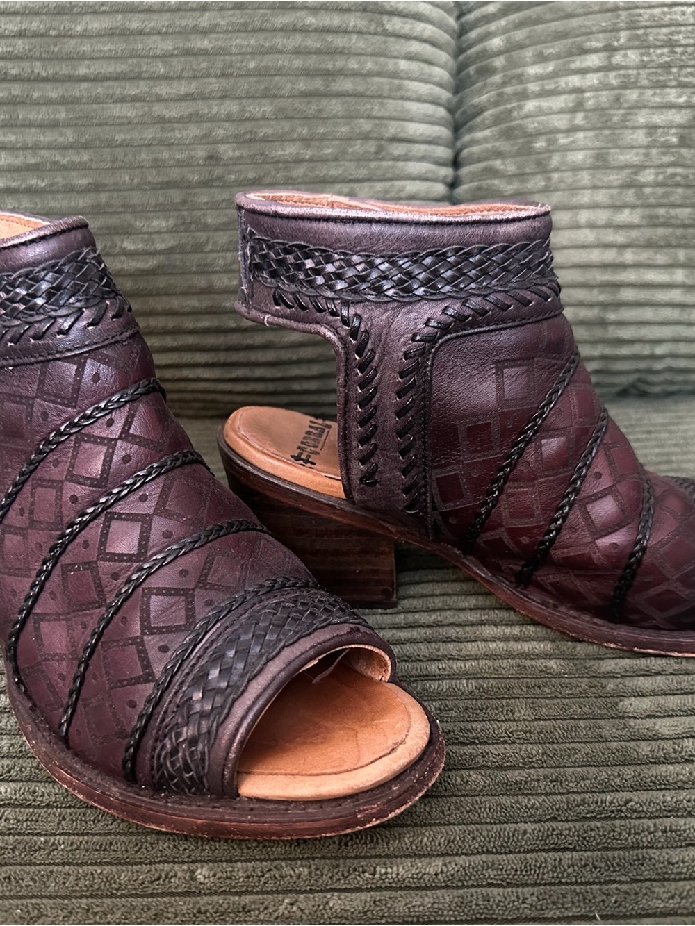 CORRAL Size 8W Leather Braided Open Toe Booties, Ankle Boots, Western Cowgirl